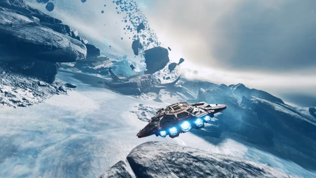 A Spaceship Flies Through a Snowy Mountainous Landscape With Asteroids Falling - Is Jump Ship Crossplay?