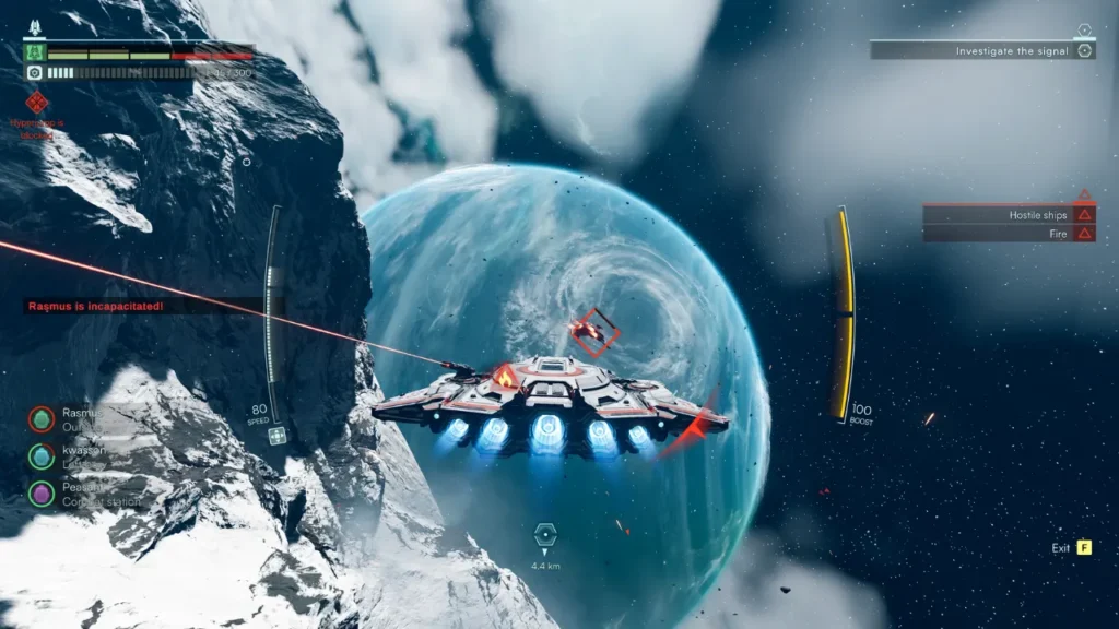 A Spaceship in Combat Near a Large Blue Planet With UI Elements Visible - Is Jump Ship Crossplay?