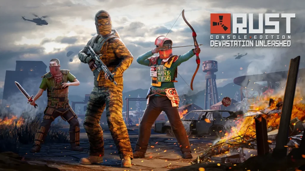 Game Banner Featuring Three Players with Weapons And Rust Console Edition Text & Logo - Is Rust Crossplay?