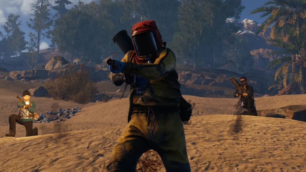 Player in Hazmat Suit with Flamethrower on a Dune - Is Rust Crossplay?