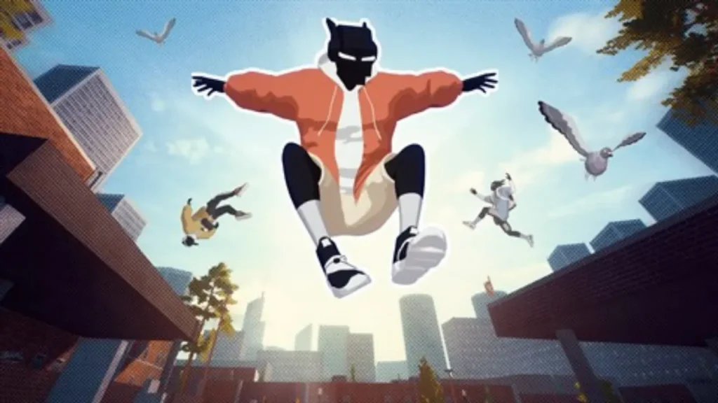 A Parkour Character Leaping Over Buildings With Birds Flying Overhead - Is Rooftops and Alleys Crossplay?