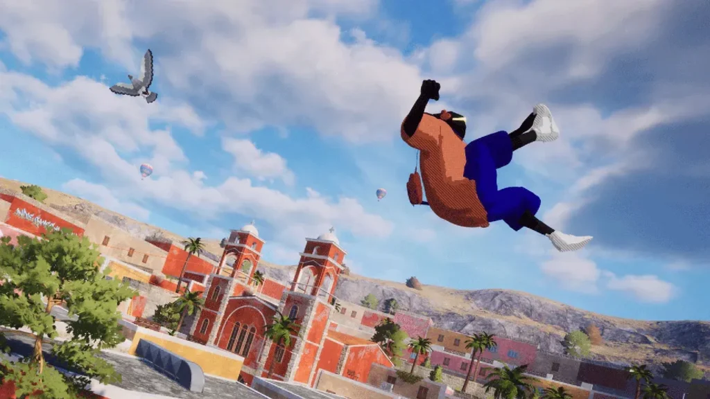 A Parkour Character Performing A Mid-Air Trick Above A City Landscape - Is Rooftops and Alleys Crossplay?