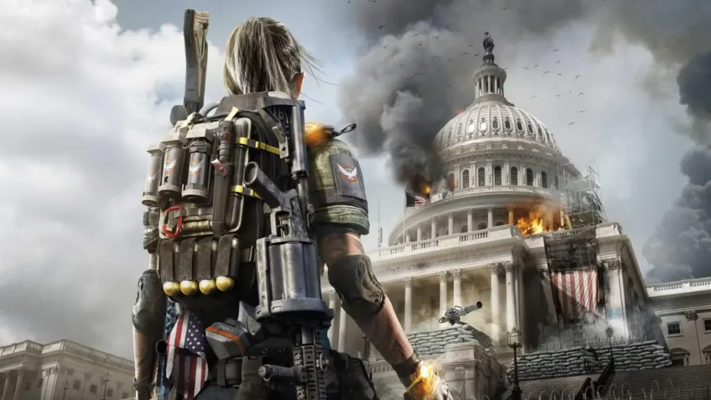 Female Character Looking at Burning Capitol Building - Is The Division 2 Crossplay?