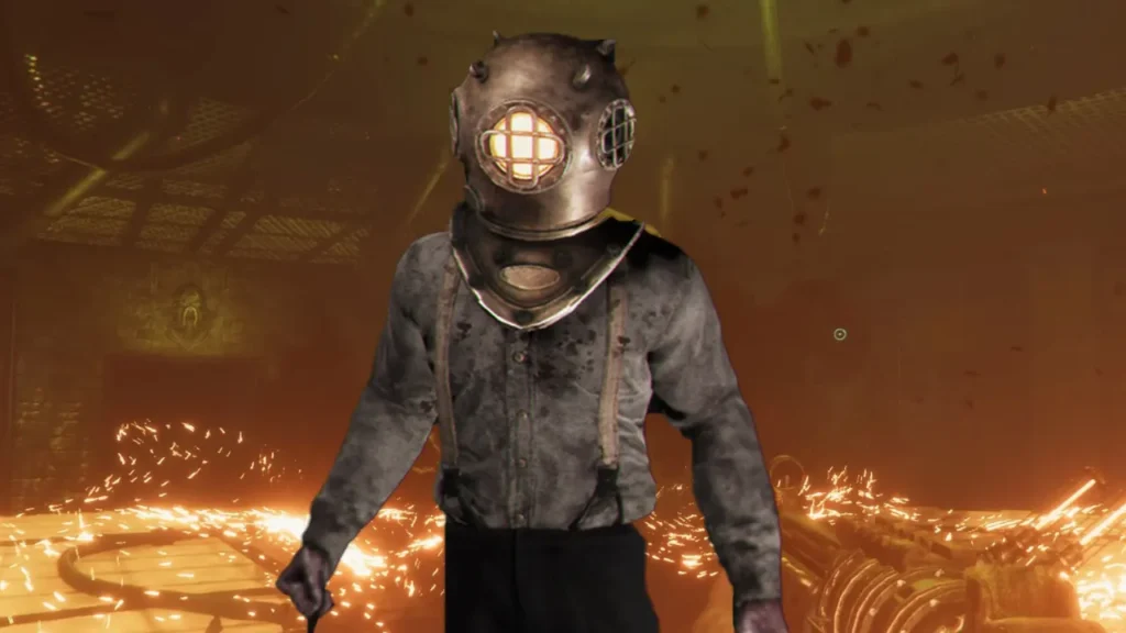 Sker Ritual Character Wearing Helmet with Fireworks BG - Is Sker Ritual Crossplay?