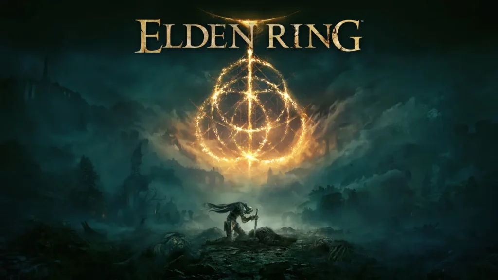 The Elden Ring Game Logo Glowing Above a Kneeling Warrior in A Dark, Atmospheric Landscape - Is Elden Ring Crossplay?