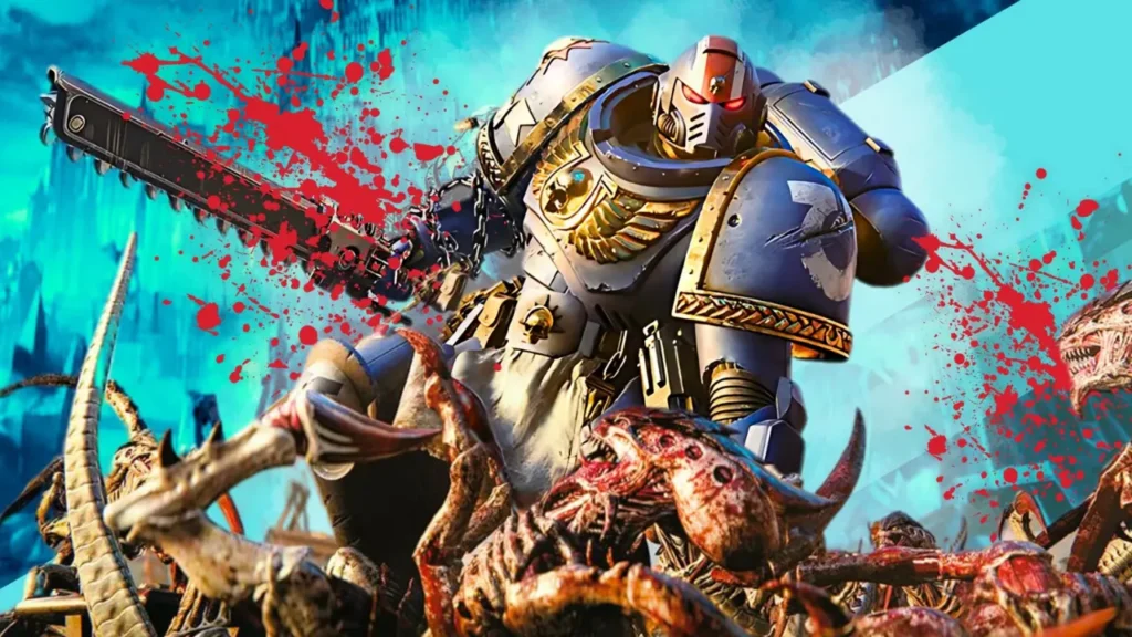 Ultramarine Captain Titus Wielding a Chainsword Amidst Tyranid Enemies - Is Space Marine 2 Crossplay?