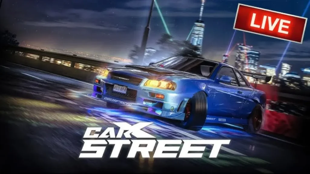 A Blue Sports Car Drifts on A Street at Night with The Car X Street Logo and A Live Banner - Is CarX Street Crossplay?