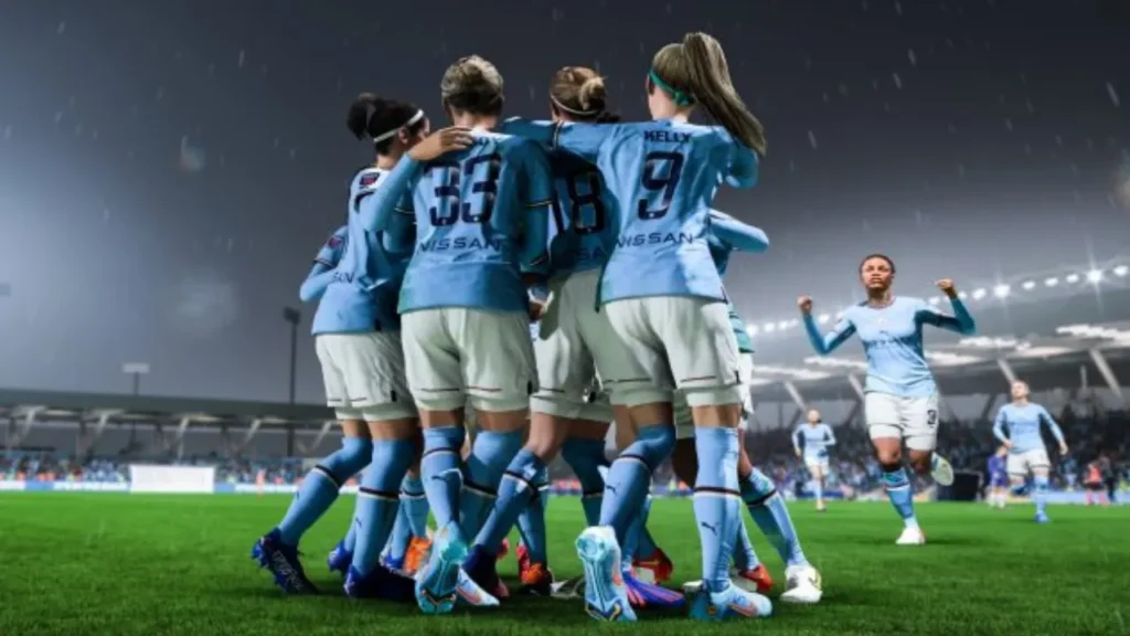 A FIFA 23 Screenshot Showing Female Soccer Players Celebrating a Goal - Is FIFA 23 Crossplay?