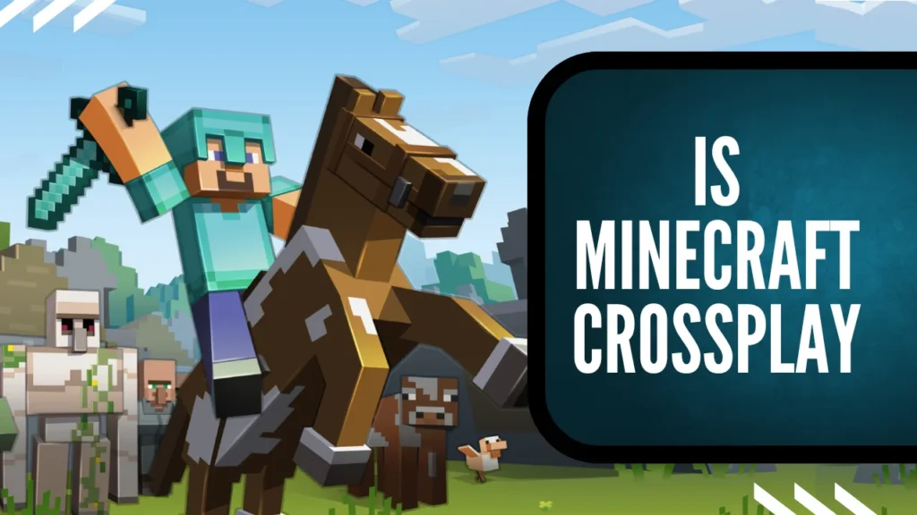 Minecraft character riding a horse with IS MINECRAFT CROSSPLAY text