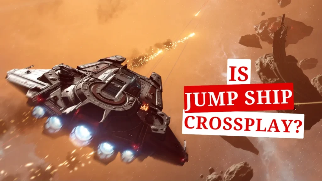 A Spaceship Fires in An Asteroid Field With The Title Text Is Jump Ship Crossplay? Overlaid