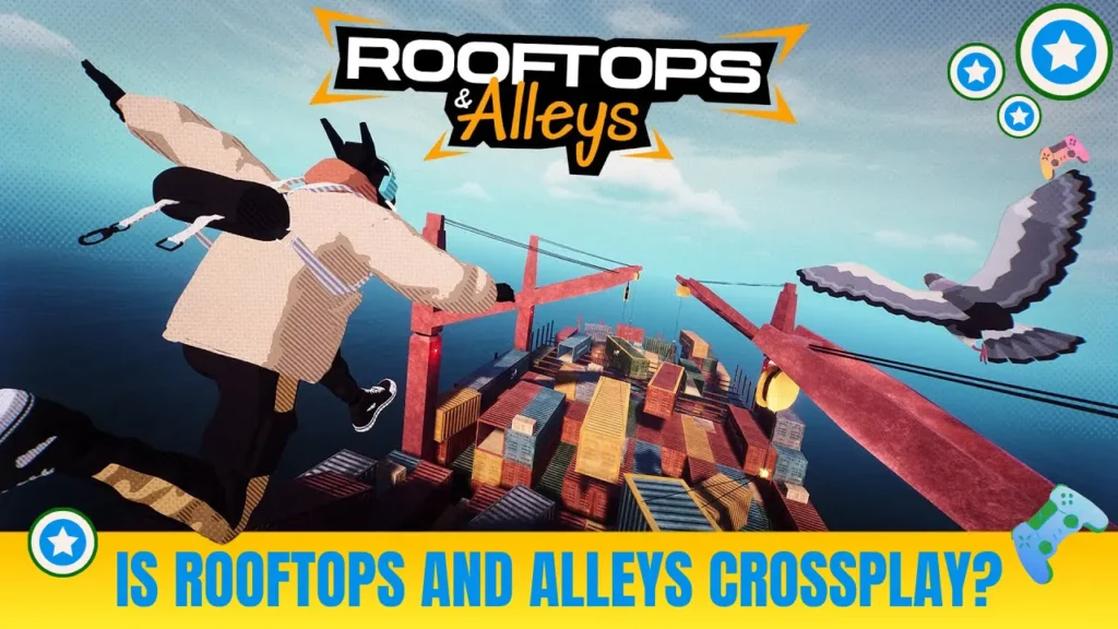 Stylized Image Of A Parkour Character And A Bird In Flight, With The Game Title And Crossplay Question - Is Rooftops and Alleys Crossplay?