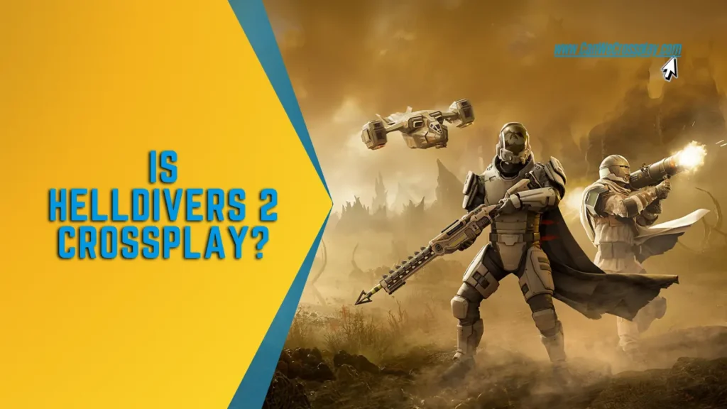 Helldivers 2 Scene with Armored Soldiers & Drone With Blog Title Text- Is Helldivers 2 Crossplay?